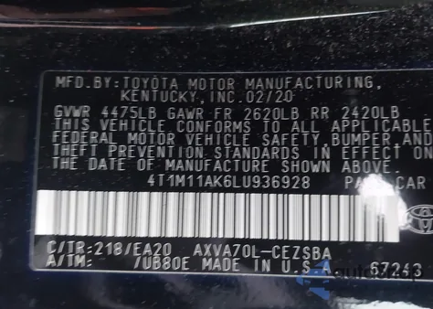 2020 Toyota Camry Se from USA, damaged, VIN 4T1M11AK6LU936928